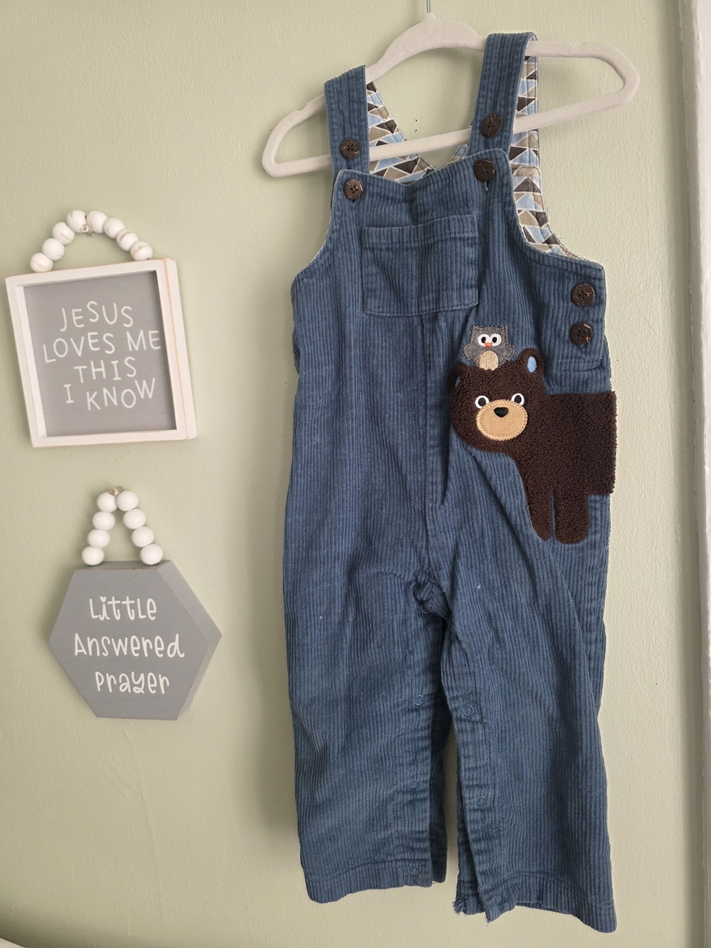 Mud Pie Blue Corduroy Overalls with Bear Applique